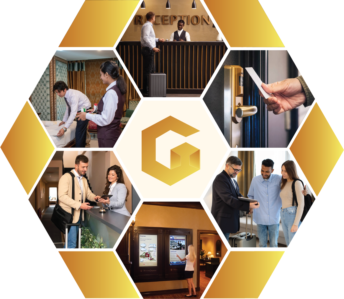 Multiple images showing hotel management